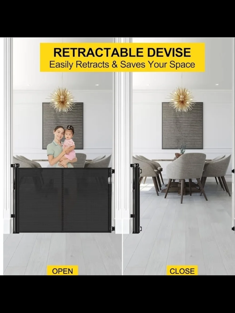 Black Retractable Safety Gate for Pets & Kids